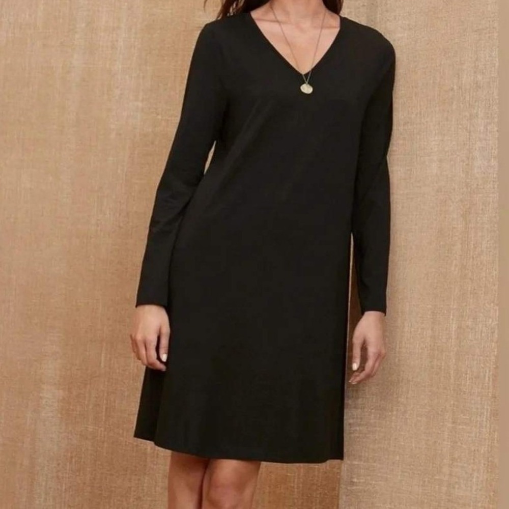 EILEEN FISHER Black V-Neck Long Sleeve A-Line Midi Dress Size S